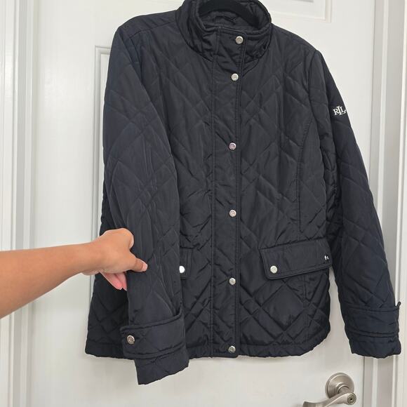 Lauren Ralph Lauren Black Quilted Jacket Size M Snap Button Equestrian Timeless - Picture 4 of 13